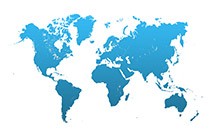 A blue silhouette map of the world displaying all continents, representing the global network of SCS coating centers.