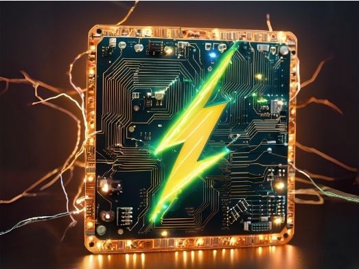 A glowing yellow lightning bolt on a high-voltage electronic circuit board, surrounded by orange lights and electric sparks.
